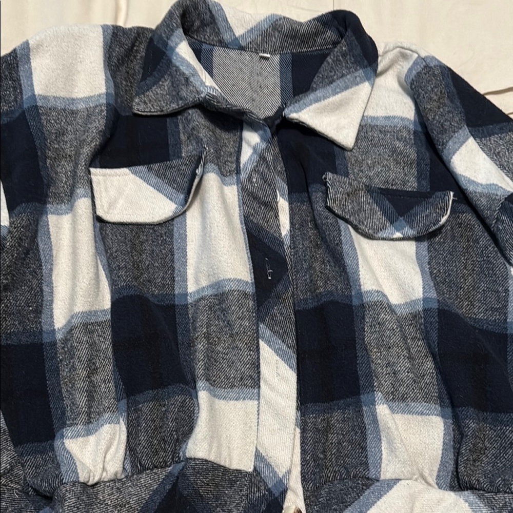 Navy and White Plaid Flannel Shirt